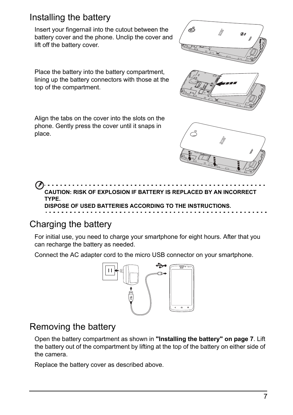 Removing the battery, Installing the battery, Charging the battery | Acer I110 User Manual | Page 7 / 57