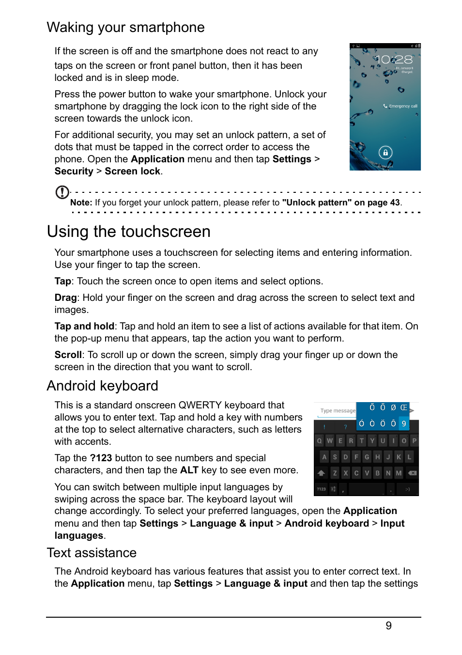 Waking your smartphone, Using the touchscreen, Android keyboard | Acer I110 User Manual | Page 9 / 57