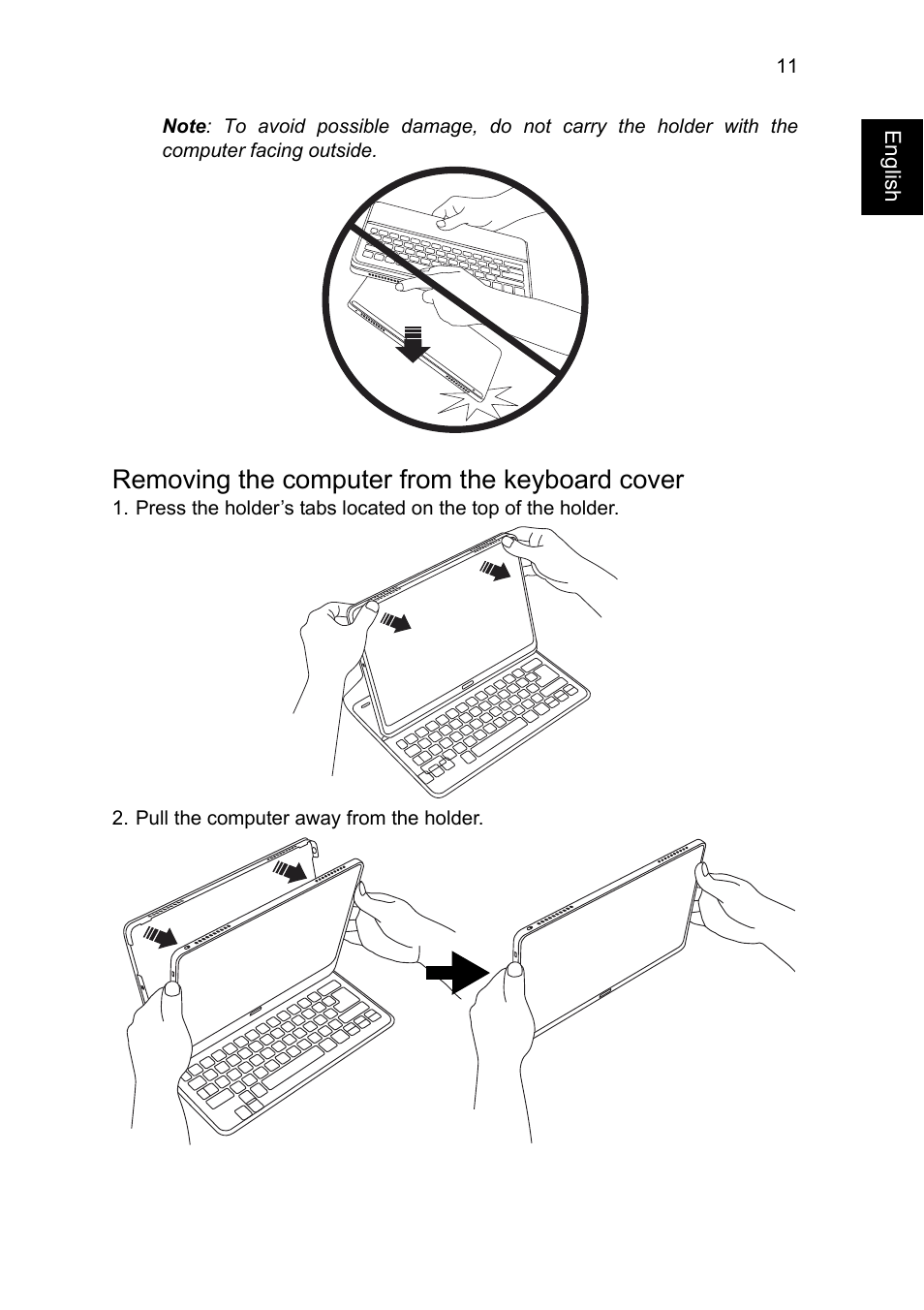 Removing the computer from the keyboard cover | Acer Aspire P3-171 User Manual | Page 11 / 13