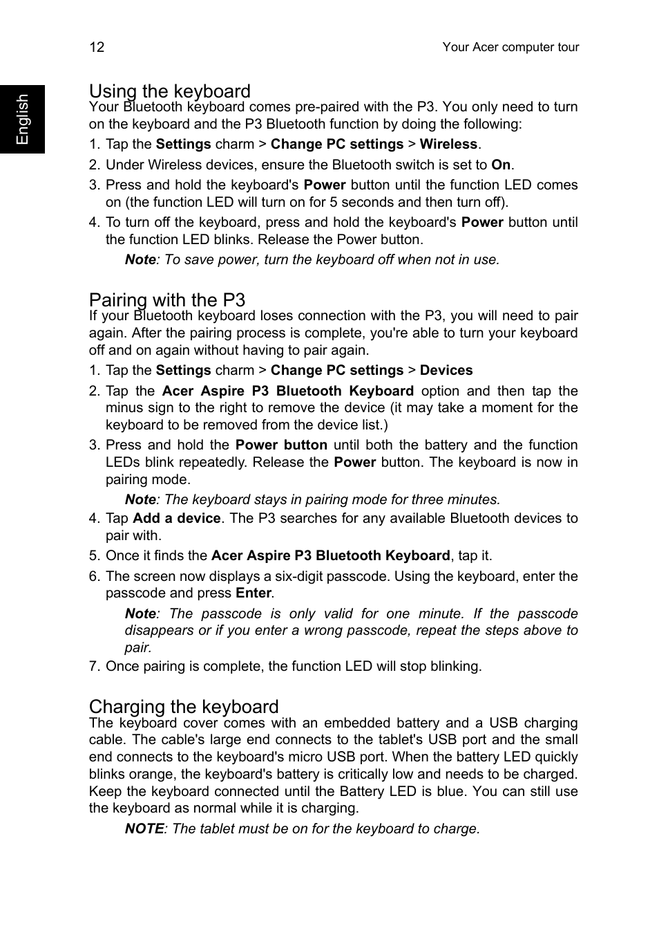 Using the keyboard, Pairing with the p3, Charging the keyboard | Acer Aspire P3-171 User Manual | Page 12 / 13
