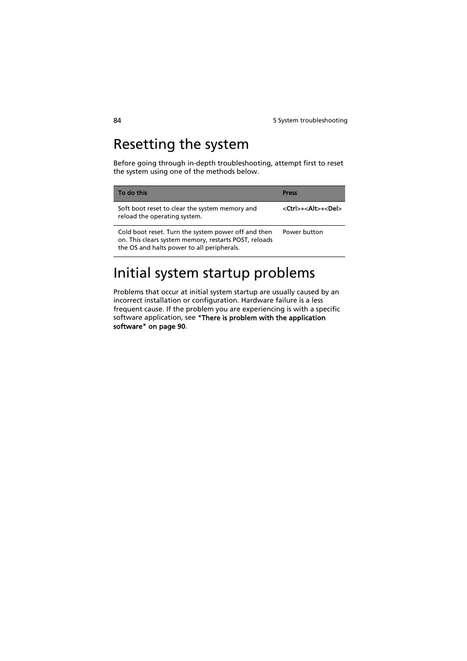 Resetting the system, Initial system startup problems | Acer AW2000h-AW170h User Manual | Page 100 / 160