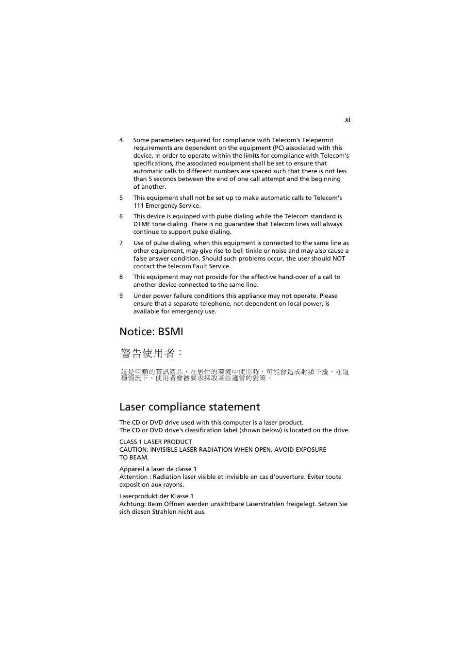 Notice: bsmi laser compliance statement | Acer AW2000h-AW170h User Manual | Page 11 / 160