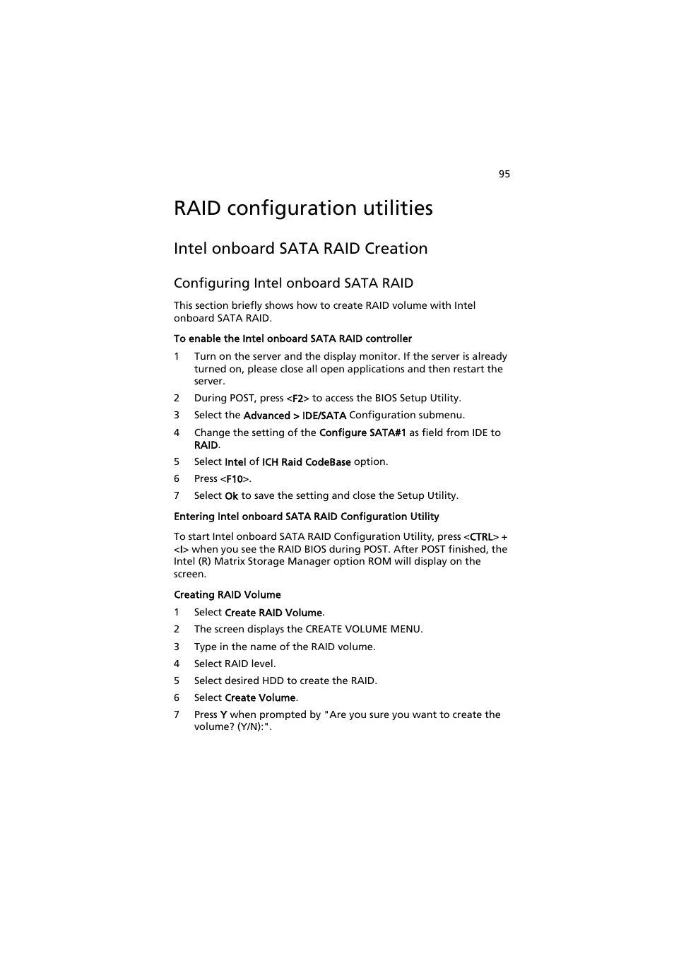 Raid configuration utilities, Intel onboard sata raid creation, Configuring intel onboard sata raid | Acer AW2000h-AW170h User Manual | Page 111 / 160