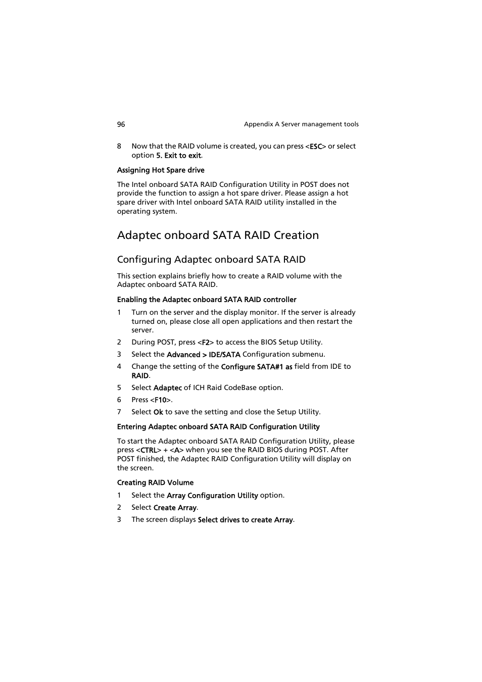 Adaptec onboard sata raid creation, Configuring adaptec onboard sata raid | Acer AW2000h-AW170h User Manual | Page 112 / 160