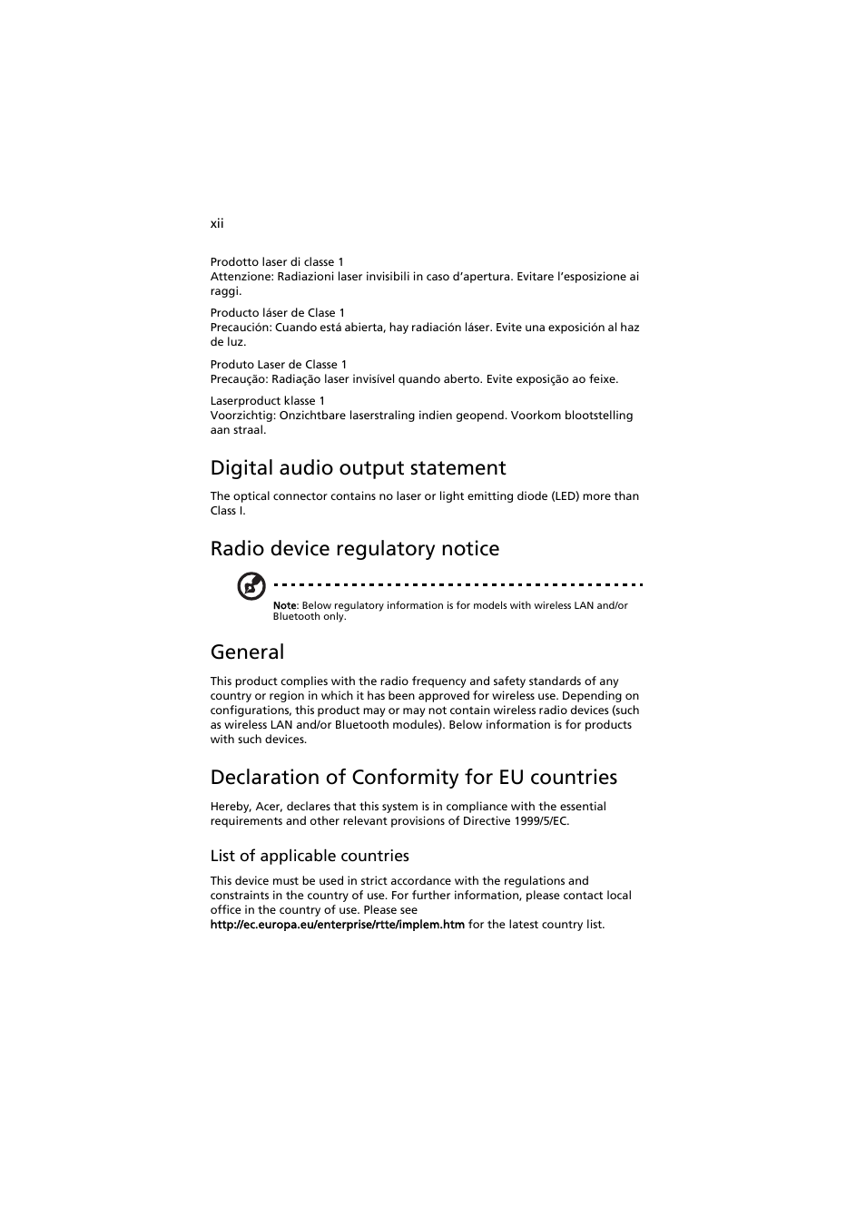 Digital audio output statement, Radio device regulatory notice, General | Declaration of conformity for eu countries | Acer AW2000h-AW170h User Manual | Page 12 / 160