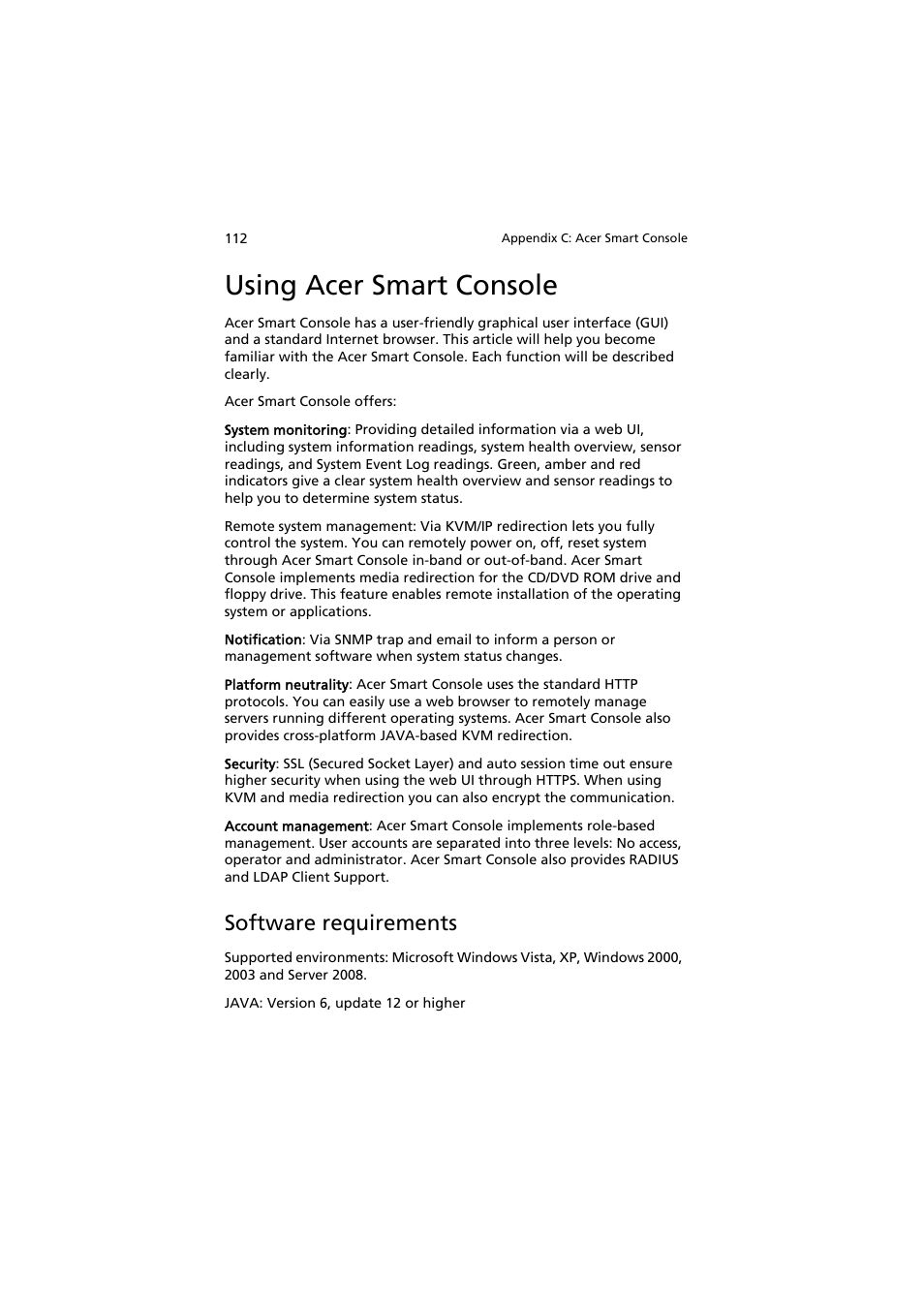 Using acer smart console, Software requirements | Acer AW2000h-AW170h User Manual | Page 128 / 160
