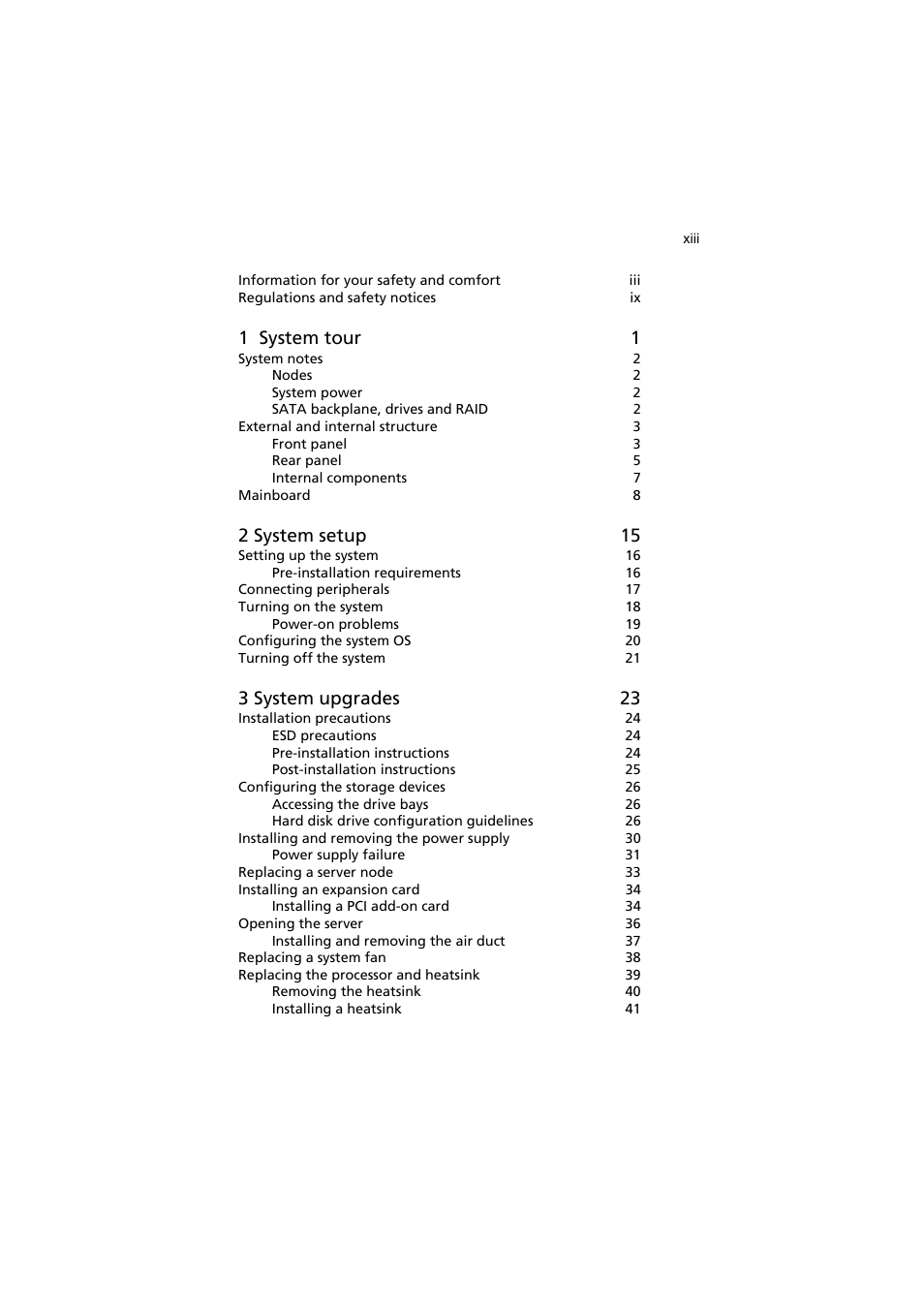 1 system tour 1, 2 system setup 15, 3 system upgrades 23 | Acer AW2000h-AW170h User Manual | Page 13 / 160