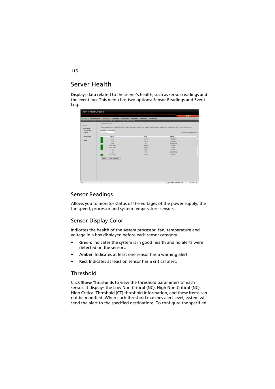 Server health, Sensor readings, Sensor display color | Threshold | Acer AW2000h-AW170h User Manual | Page 131 / 160