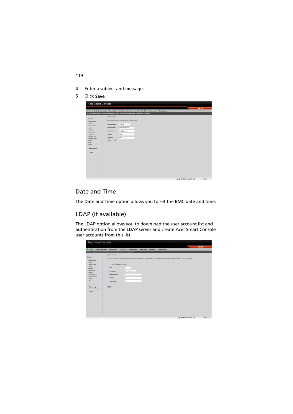 Date and time, Ldap (if available) | Acer AW2000h-AW170h User Manual | Page 135 / 160