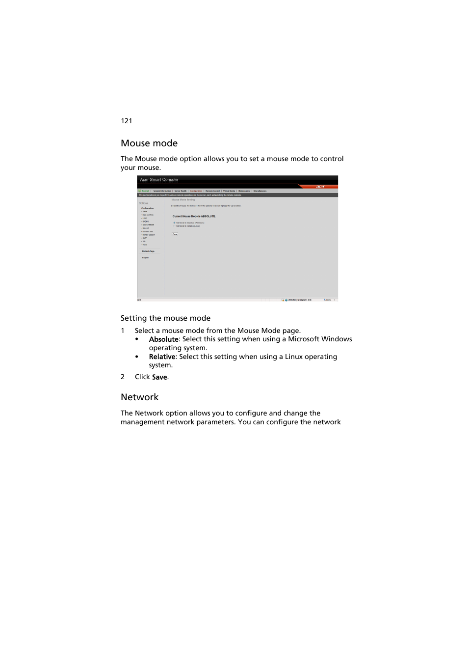 Mouse mode, Network | Acer AW2000h-AW170h User Manual | Page 137 / 160