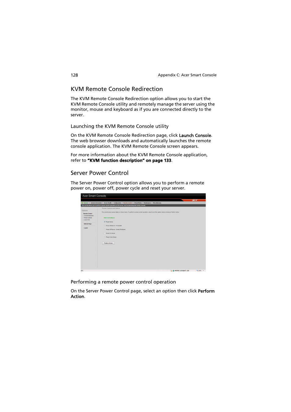 Kvm remote console redirection, Server power control | Acer AW2000h-AW170h User Manual | Page 144 / 160