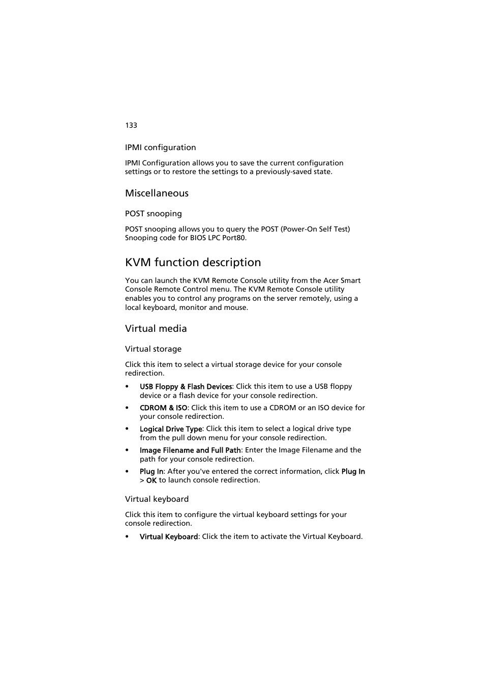 Kvm function description, Miscellaneous, Virtual media | Acer AW2000h-AW170h User Manual | Page 149 / 160