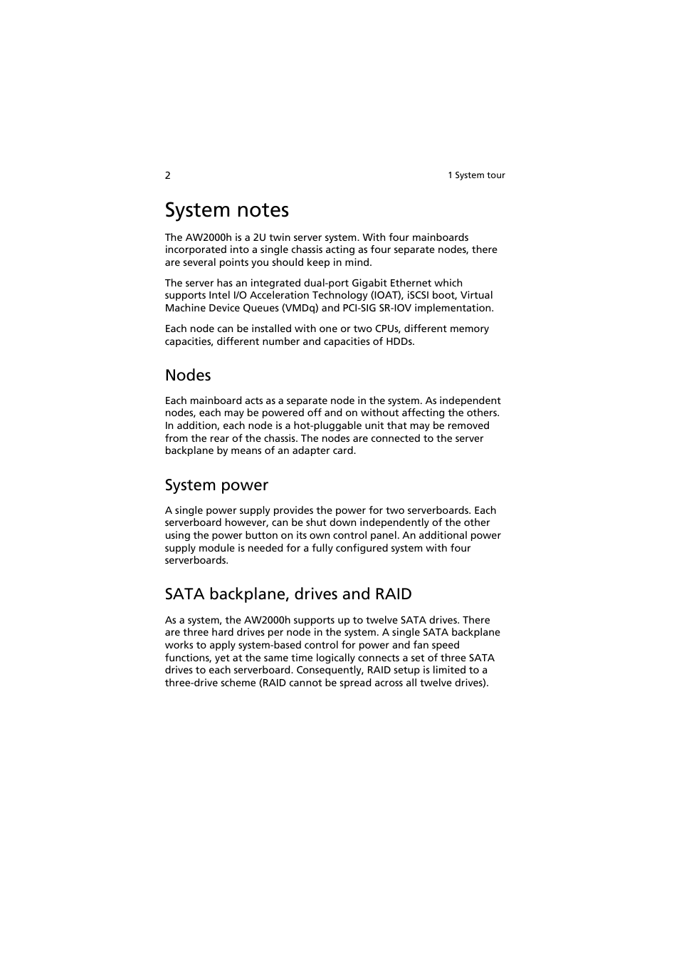 Nodes, System power, Sata backplane, drives and raid | Acer AW2000h-AW170h User Manual | Page 18 / 160