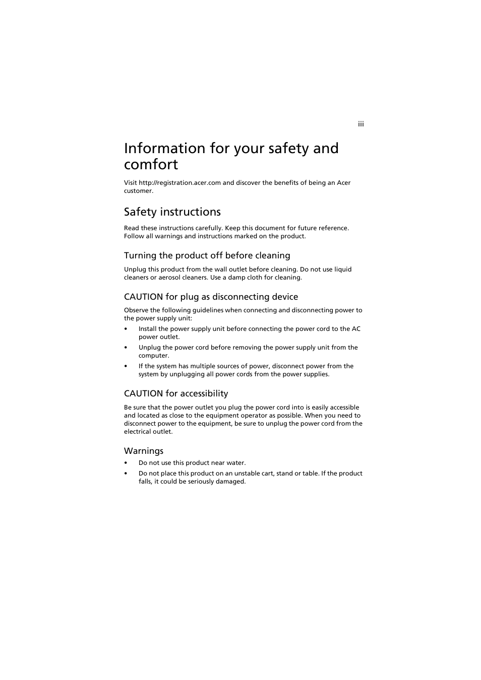 Information for your safety and comfort, Safety instructions | Acer AW2000h-AW170h User Manual | Page 3 / 160