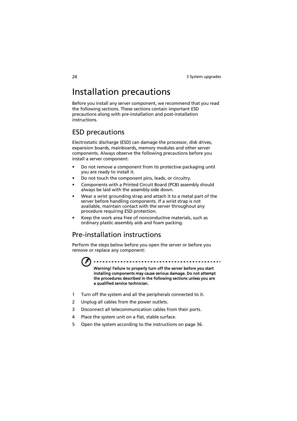 Installation precautions, Esd precautions, Pre-installation instructions | Acer AW2000h-AW170h User Manual | Page 40 / 160