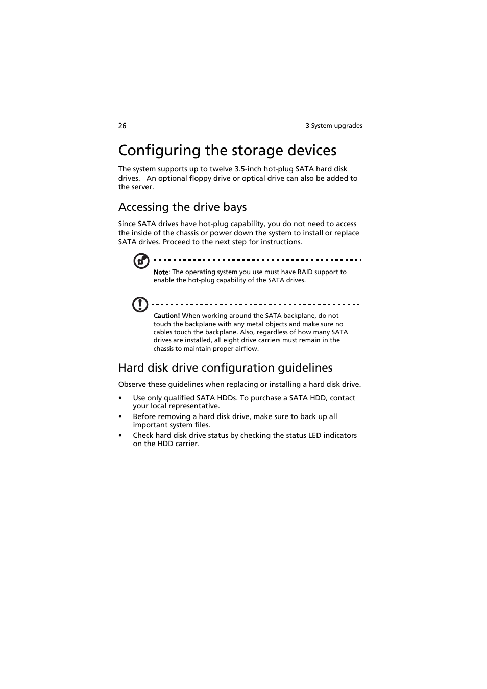 Configuring the storage devices, Accessing the drive bays, Hard disk drive configuration guidelines | Acer AW2000h-AW170h User Manual | Page 42 / 160