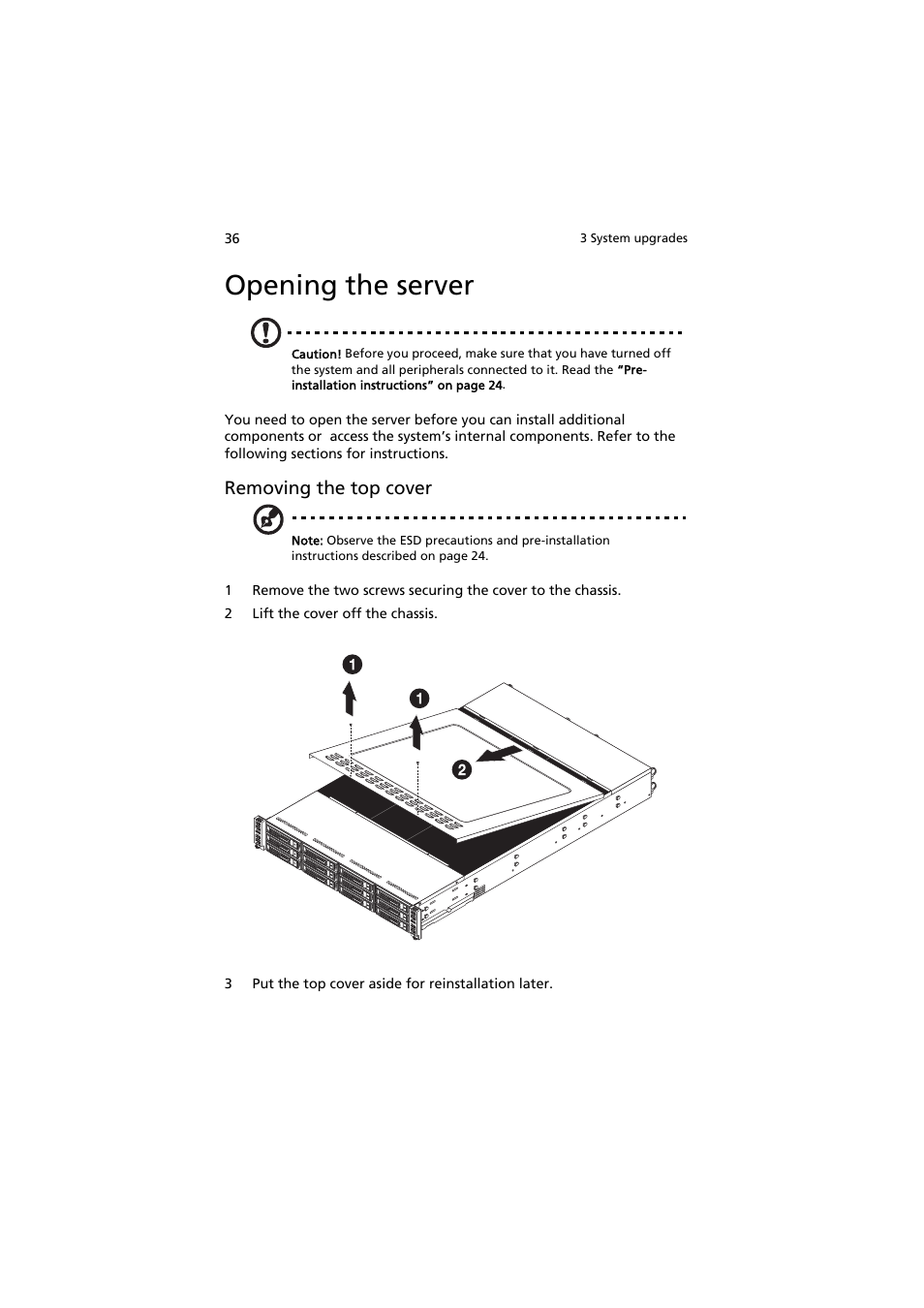 Opening the server, Removing the top cover | Acer AW2000h-AW170h User Manual | Page 52 / 160