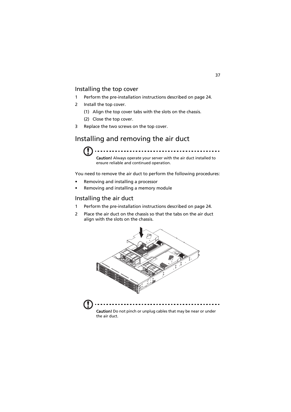 Installing and removing the air duct, Installing the top cover, Installing the air duct | Acer AW2000h-AW170h User Manual | Page 53 / 160