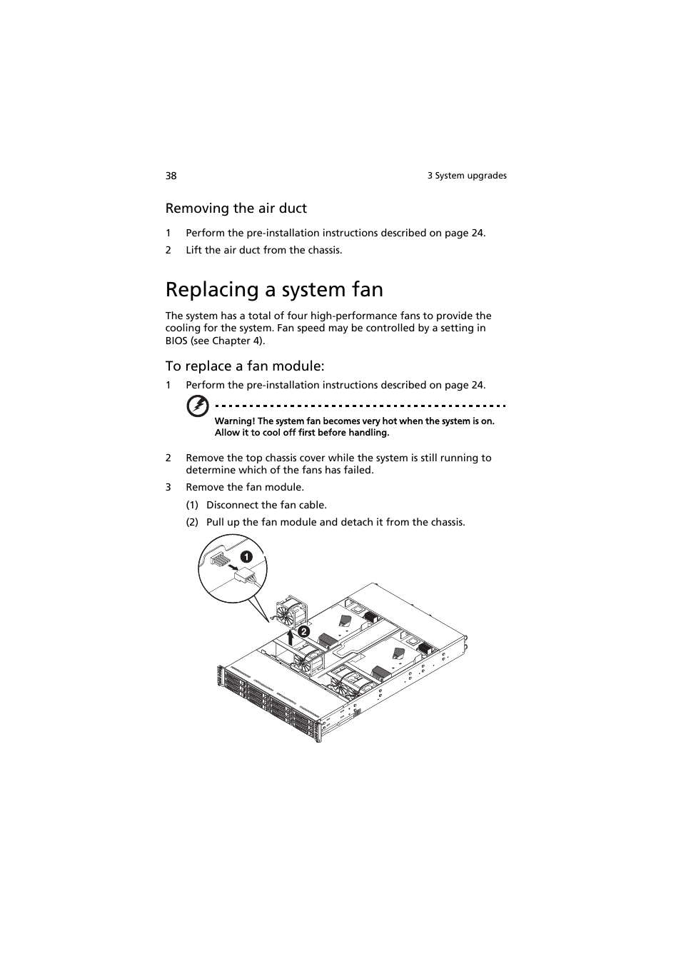 Replacing a system fan, Removing the air duct | Acer AW2000h-AW170h User Manual | Page 54 / 160