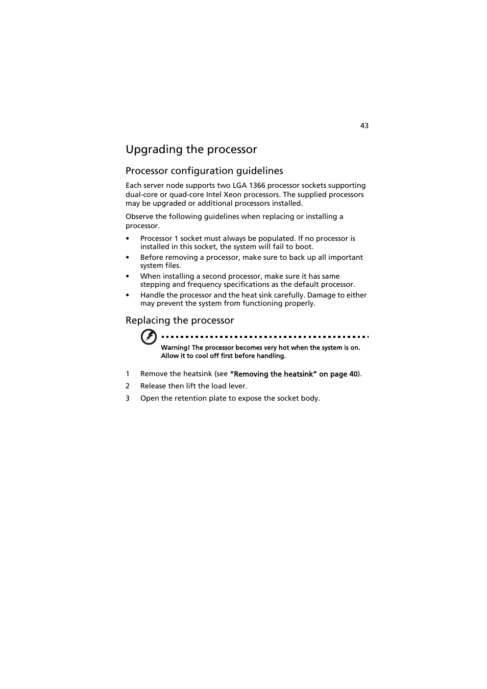 Upgrading the processor, Processor configuration guidelines, Replacing the processor | Acer AW2000h-AW170h User Manual | Page 59 / 160