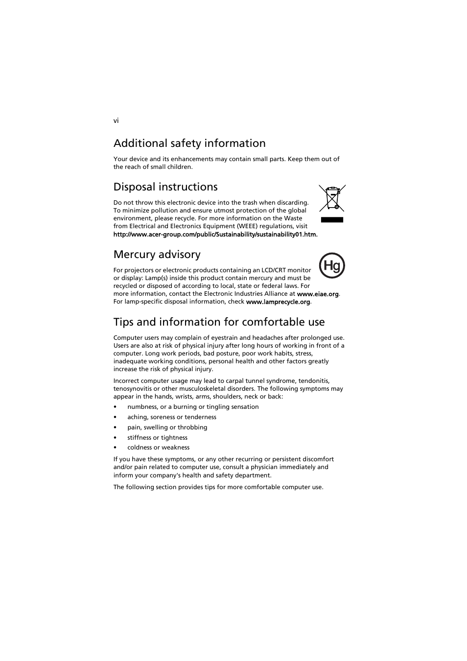 Additional safety information, Disposal instructions, Mercury advisory | Tips and information for comfortable use | Acer AW2000h-AW170h User Manual | Page 6 / 160