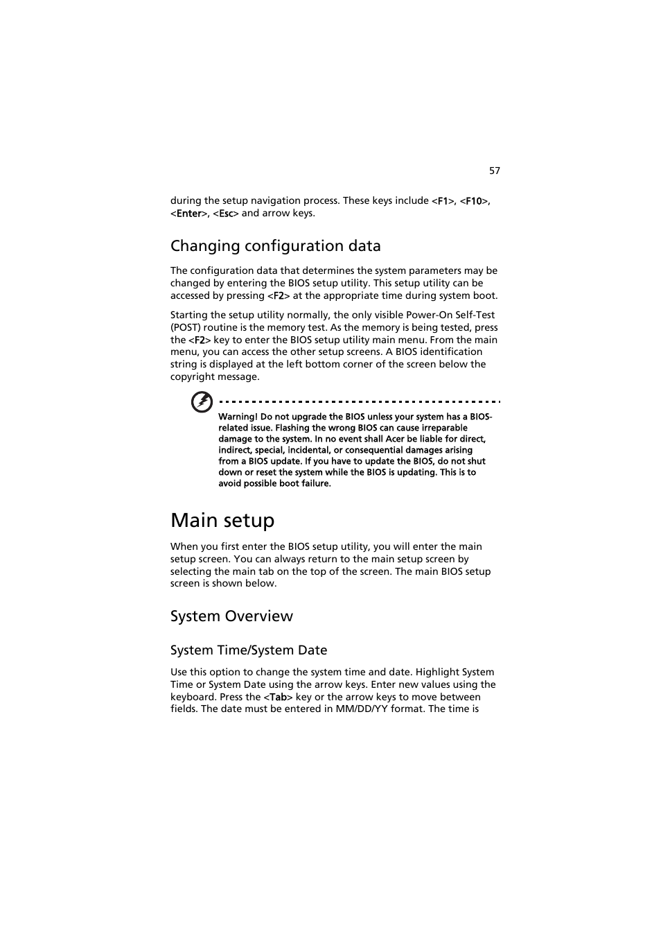 Main setup, Changing configuration data, System overview | Acer AW2000h-AW170h User Manual | Page 73 / 160