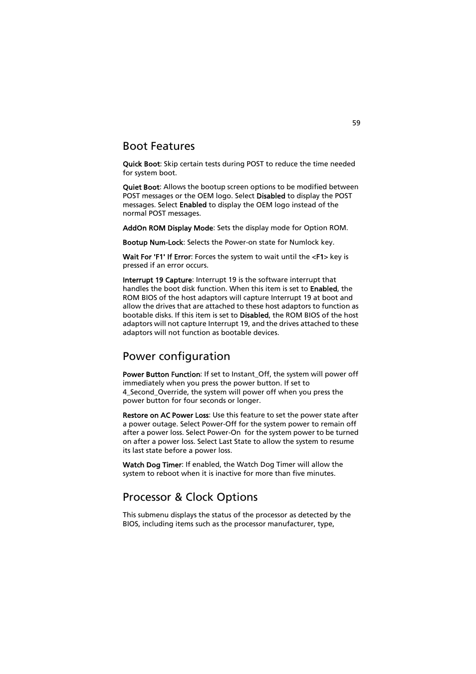 Boot features, Power configuration, Processor & clock options | Acer AW2000h-AW170h User Manual | Page 75 / 160