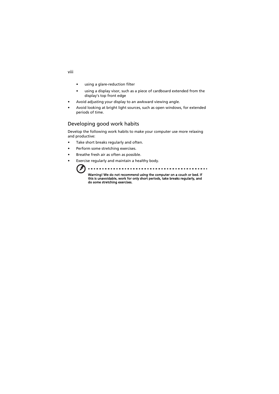 Developing good work habits | Acer AW2000h-AW170h User Manual | Page 8 / 160