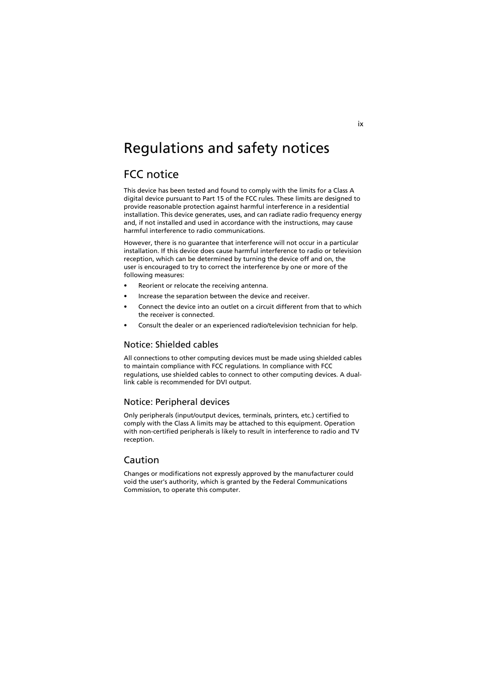 Regulations and safety notices, Fcc notice, Caution | Acer AW2000h-AW170h User Manual | Page 9 / 160