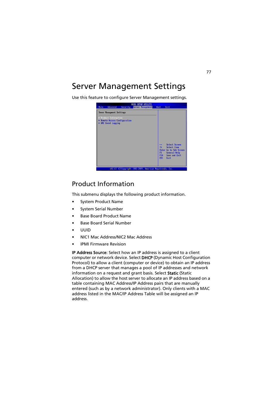 Server management settings, Product information | Acer AW2000h-AW170h User Manual | Page 93 / 160