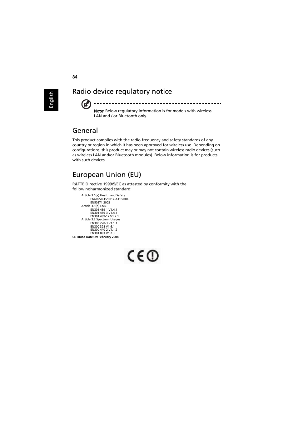 Radio device regulatory notice, General, European union (eu) | Acer Aspire 8920G User Manual | Page 104 / 109