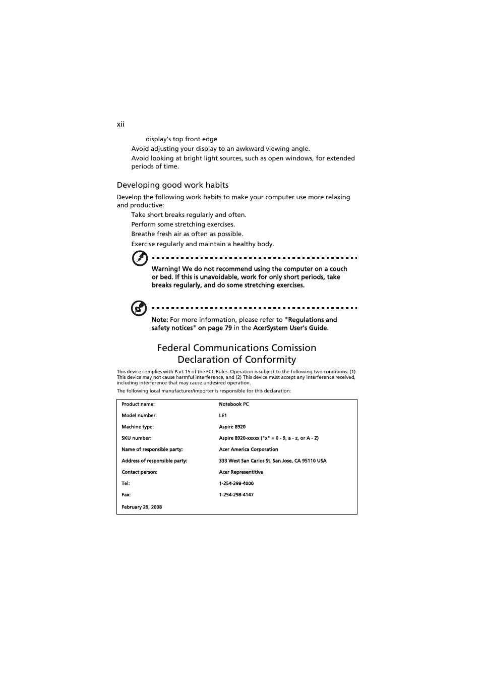 Developing good work habits | Acer Aspire 8920G User Manual | Page 12 / 109