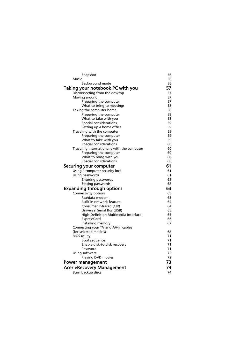 Securing your computer 61, Expanding through options 63, Power management 73 acer erecovery management 74 | Acer Aspire 8920G User Manual | Page 19 / 109