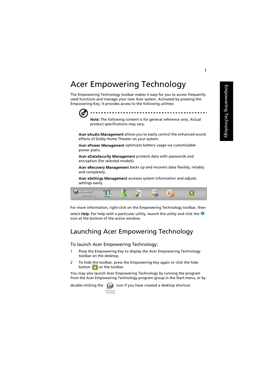 Acer empowering technology, Launching acer empowering technology | Acer Aspire 8920G User Manual | Page 21 / 109