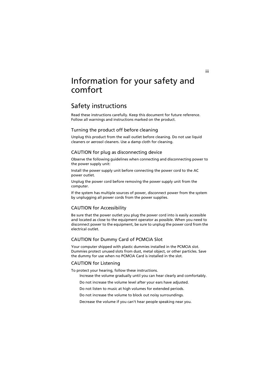 Information for your safety and comfort, Safety instructions | Acer Aspire 8920G User Manual | Page 3 / 109