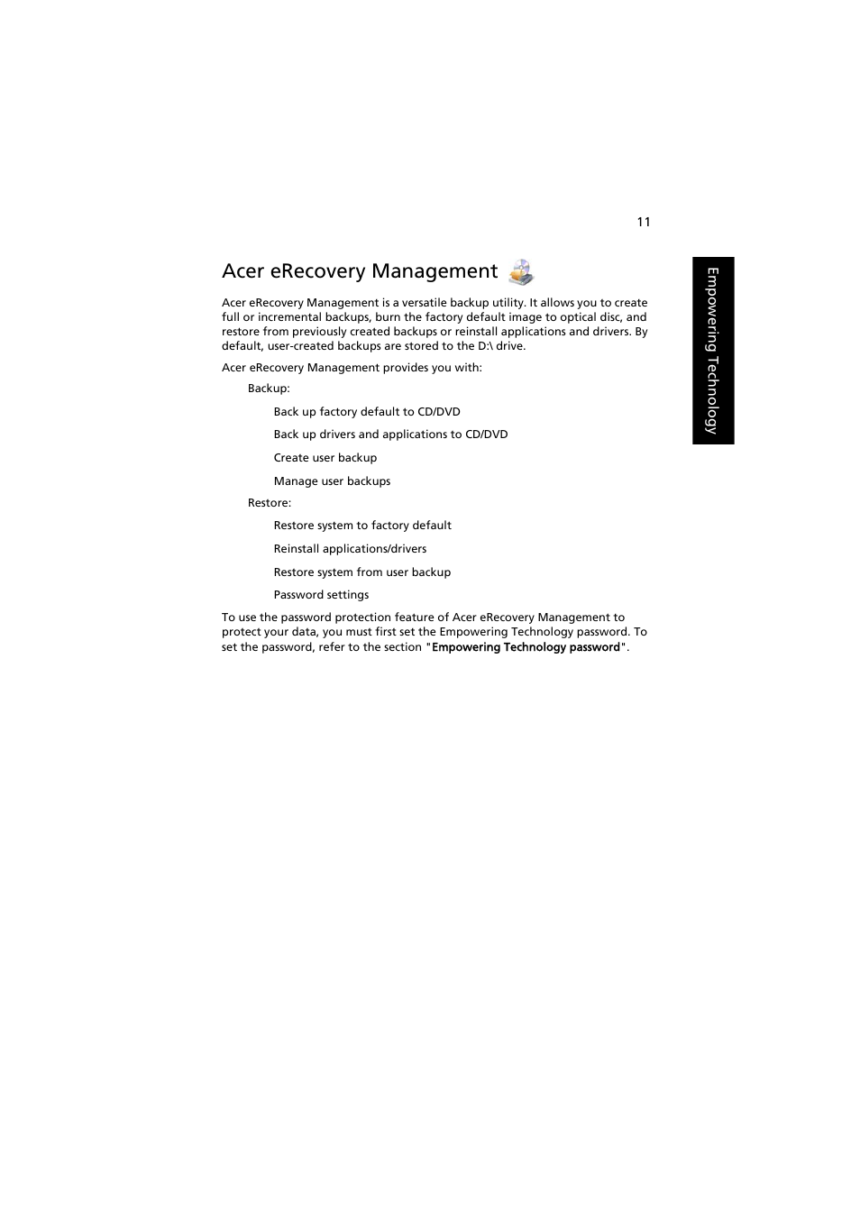 Acer erecovery management | Acer Aspire 8920G User Manual | Page 31 / 109