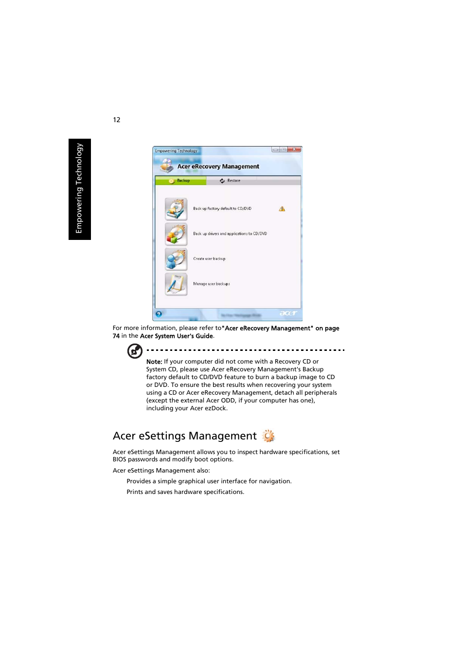 Acer esettings management | Acer Aspire 8920G User Manual | Page 32 / 109