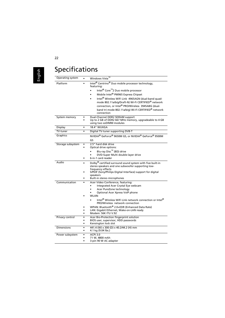 Specifications, Englis h | Acer Aspire 8920G User Manual | Page 42 / 109