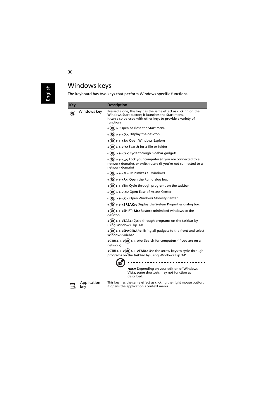 Windows keys, Englis h | Acer Aspire 8920G User Manual | Page 50 / 109