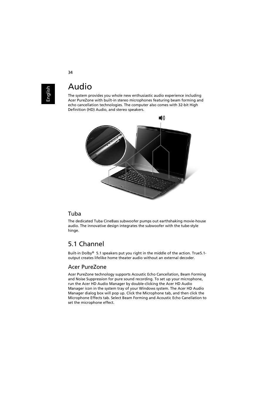 Audio, 1 channel, Tuba | Acer purezone | Acer Aspire 8920G User Manual | Page 54 / 109