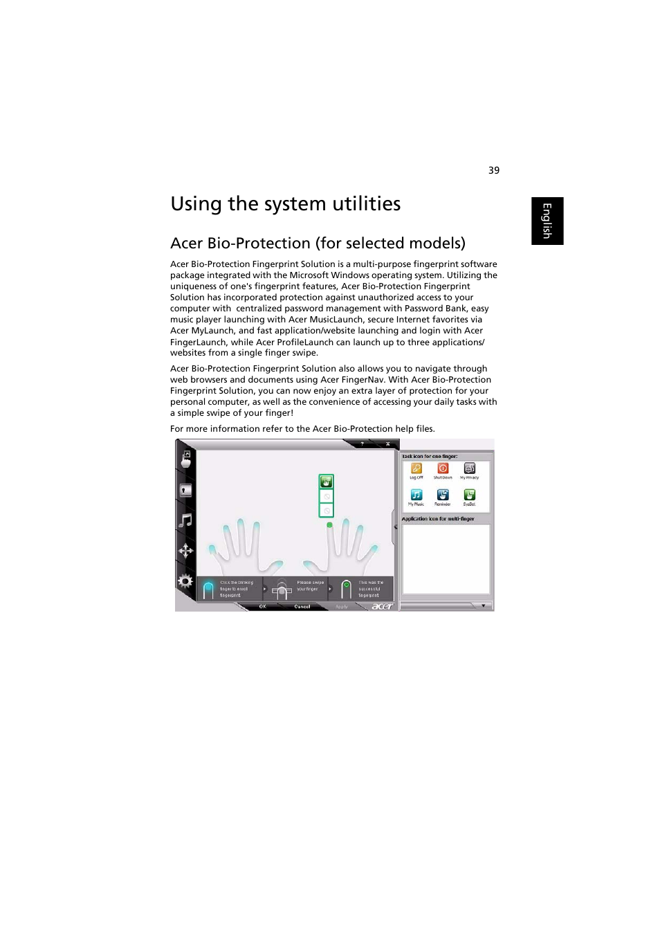 Using the system utilities, Acer bio-protection (for selected models) | Acer Aspire 8920G User Manual | Page 59 / 109