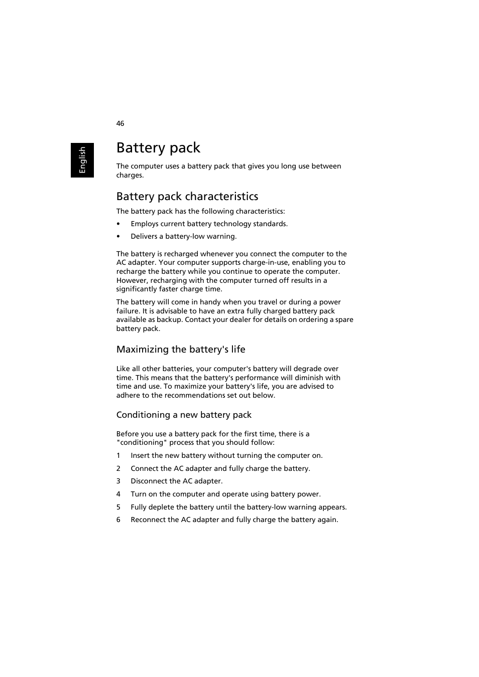 Battery pack, Battery pack characteristics, Maximizing the battery's life | Acer Aspire 8920G User Manual | Page 66 / 109