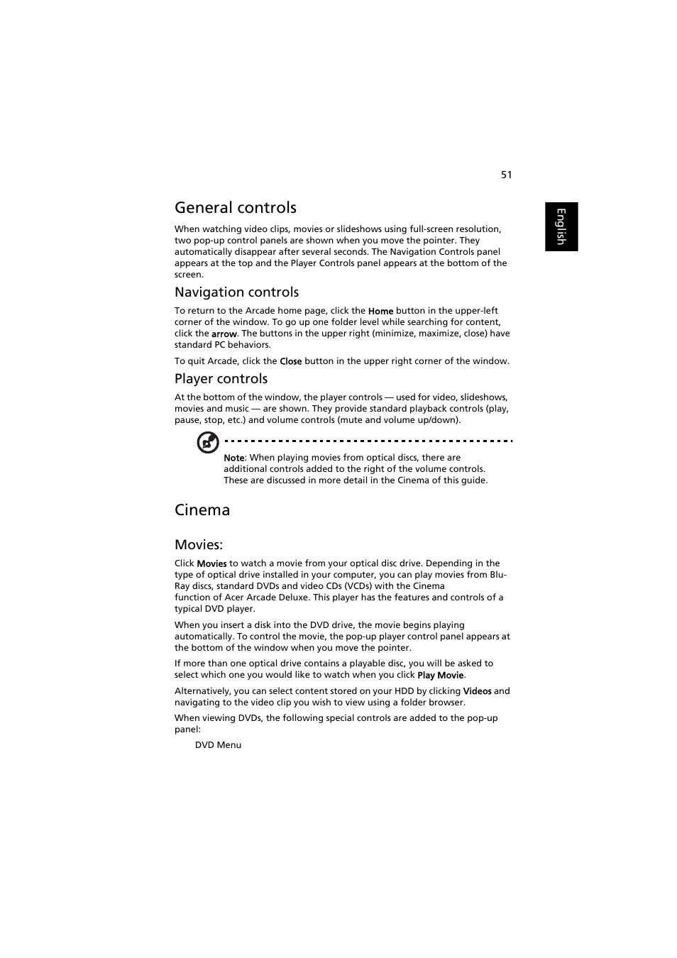 General controls, Cinema, Navigation controls | Player controls, Movies | Acer Aspire 8920G User Manual | Page 71 / 109