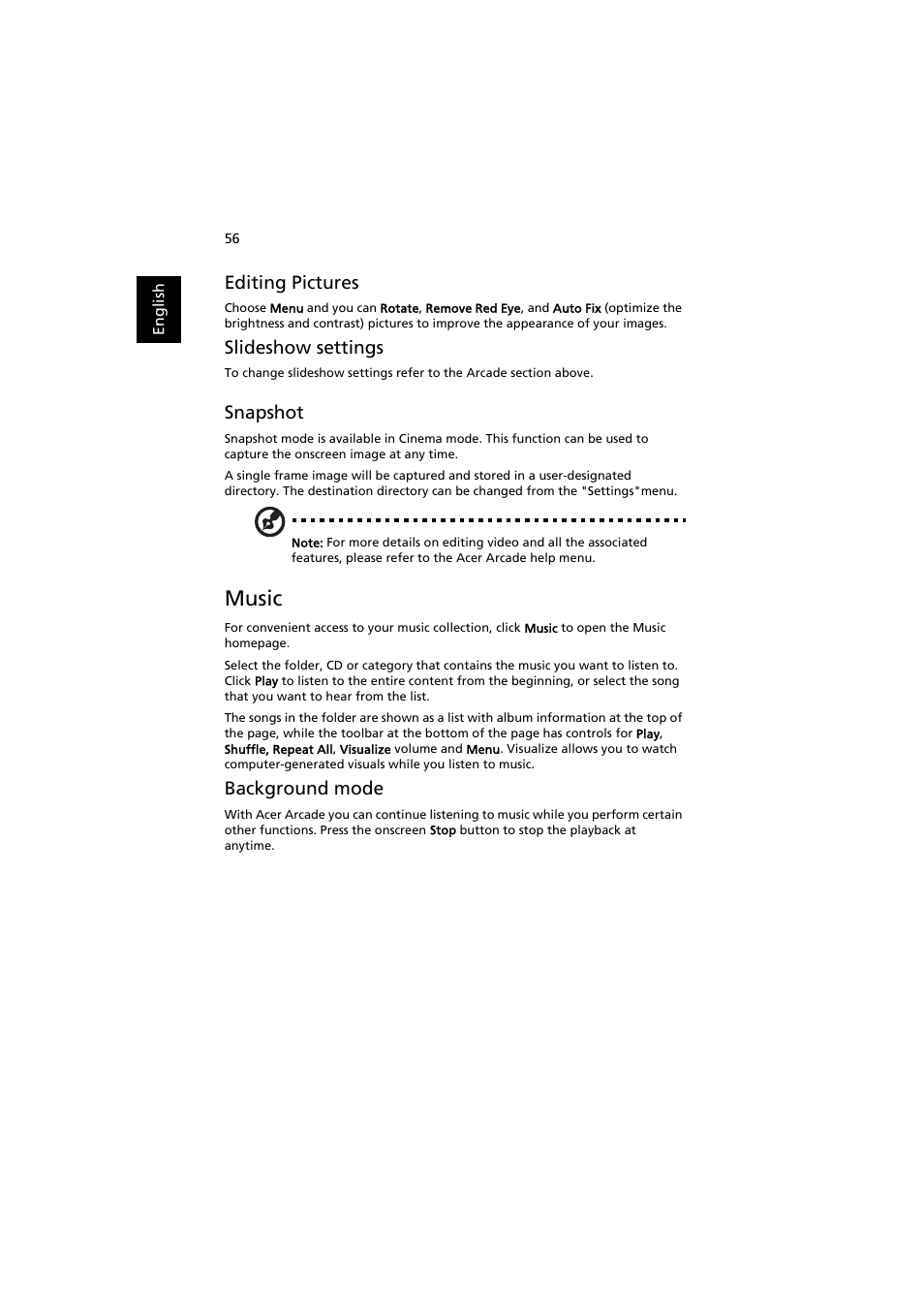 Music, Editing pictures, Slideshow settings | Snapshot, Background mode | Acer Aspire 8920G User Manual | Page 76 / 109