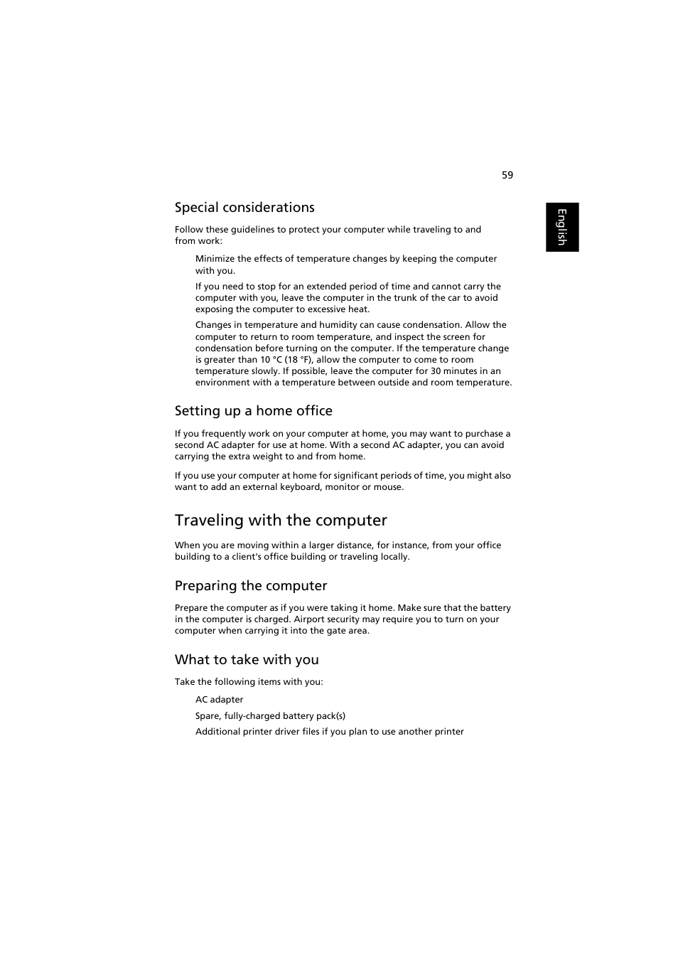 Traveling with the computer, Special considerations, Setting up a home office | Preparing the computer, What to take with you | Acer Aspire 8920G User Manual | Page 79 / 109