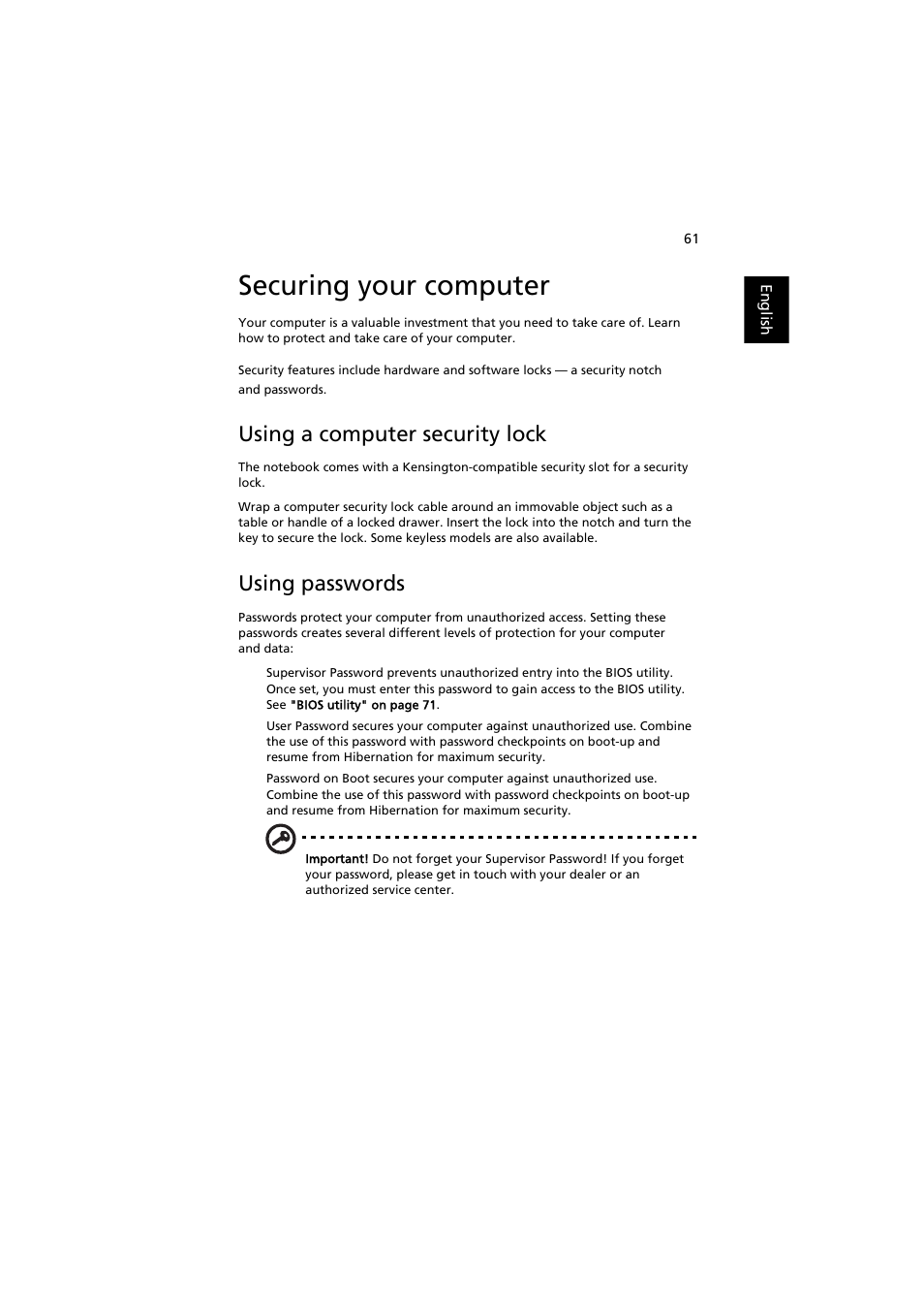 Securing your computer, Using a computer security lock, Using passwords | Acer Aspire 8920G User Manual | Page 81 / 109