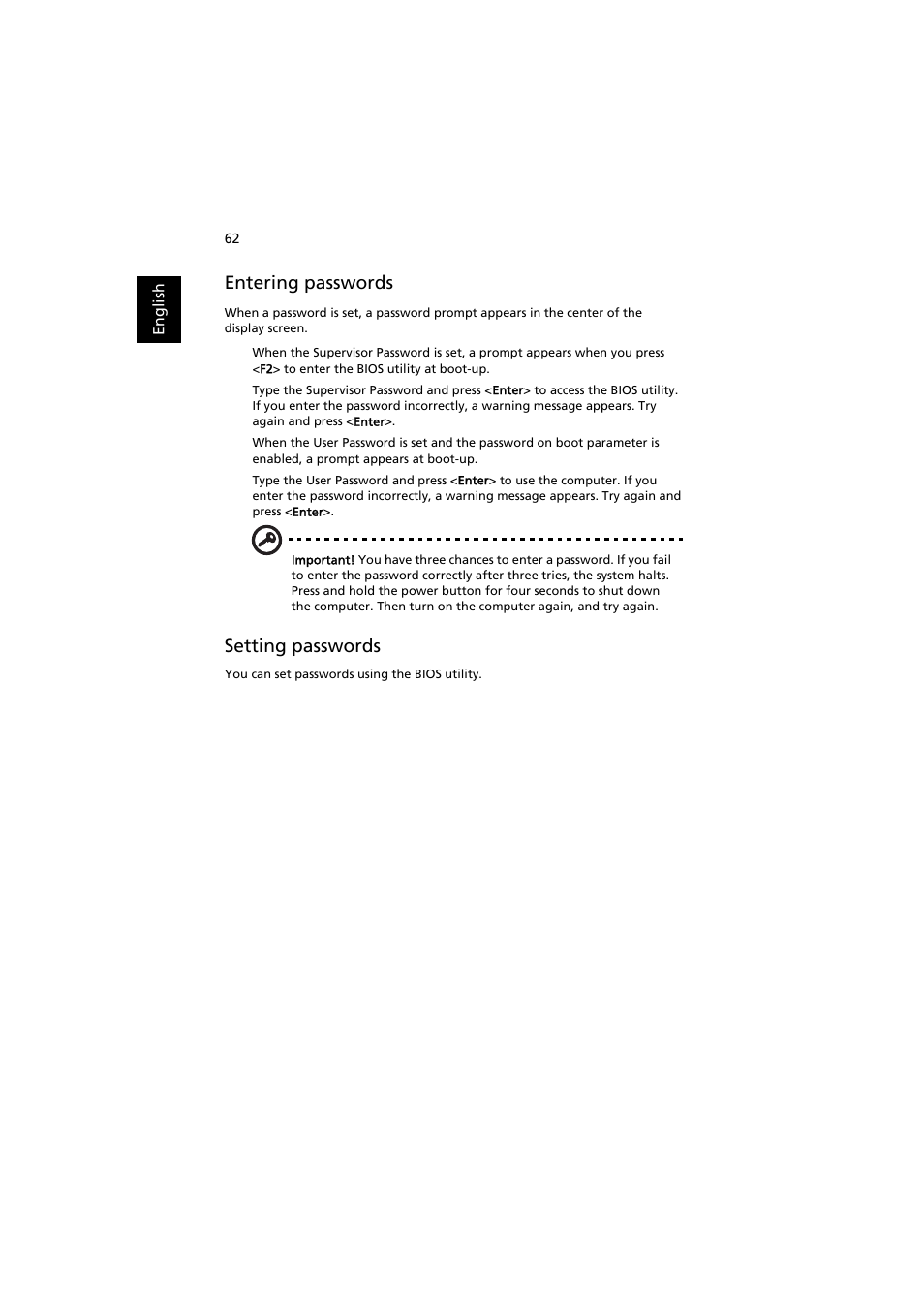 Entering passwords, Setting passwords | Acer Aspire 8920G User Manual | Page 82 / 109