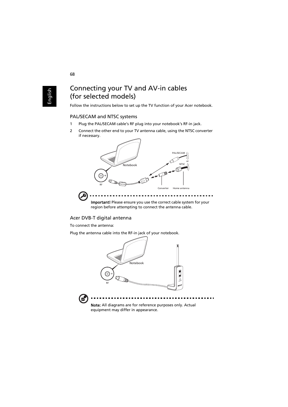 Englis h, Pal/secam and ntsc systems, Acer dvb-t digital antenna | Acer Aspire 8920G User Manual | Page 88 / 109