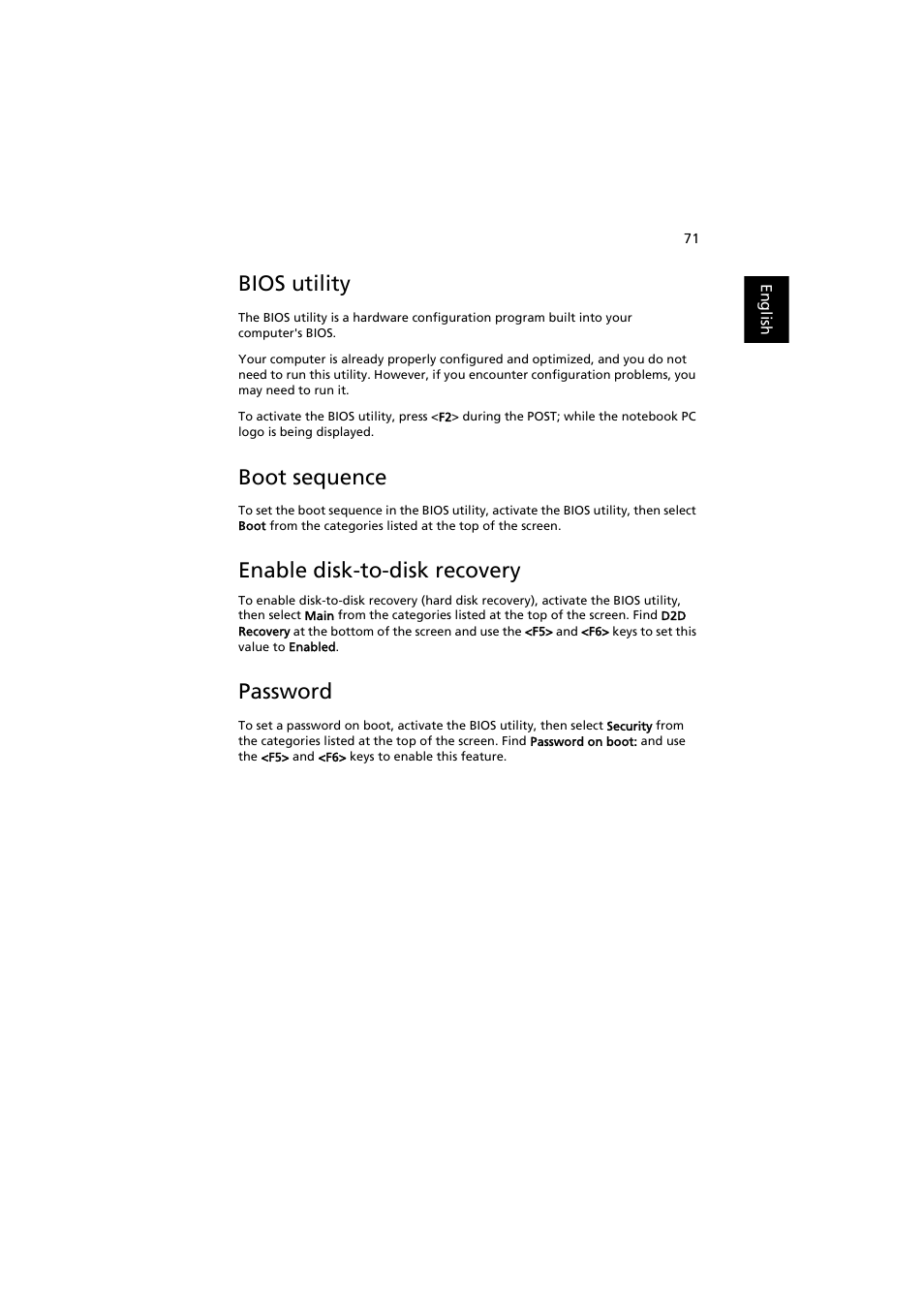 Bios utility, Boot sequence, Enable disk-to-disk recovery | Password | Acer Aspire 8920G User Manual | Page 91 / 109