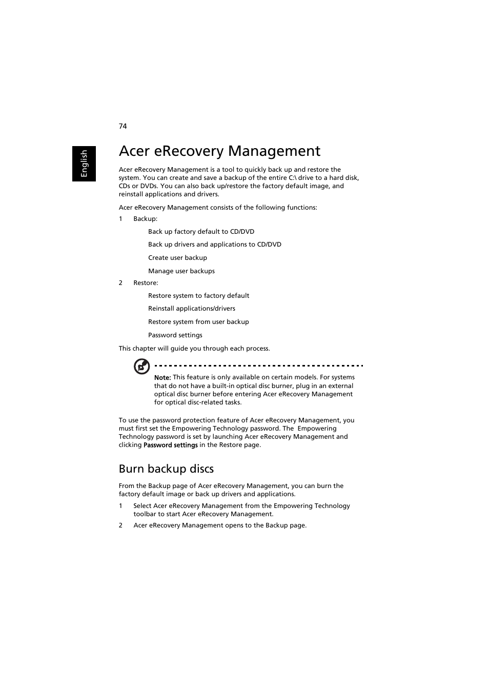 Acer erecovery management, Burn backup discs | Acer Aspire 8920G User Manual | Page 94 / 109